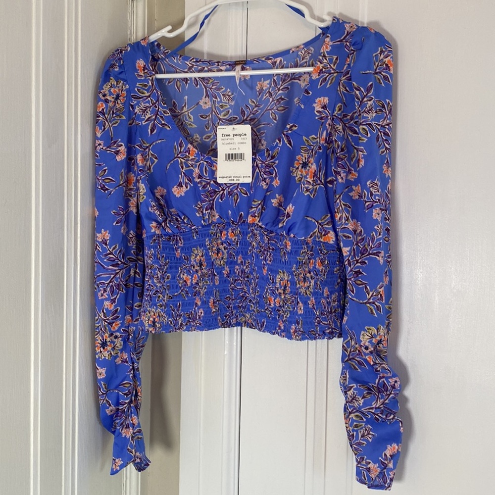Free People Women Santiago Floral Printed Smocked Crop Top Bluebell S